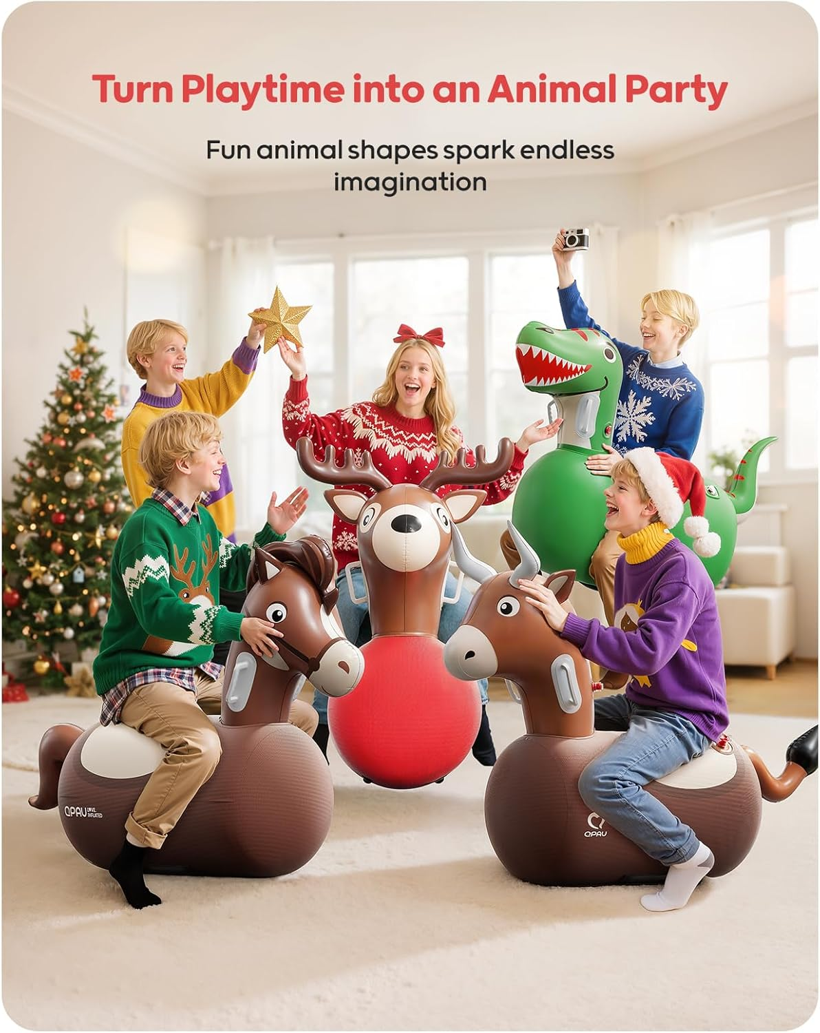 Inflatable Reindeer Hopper Toy with Pump for Kids and Adults