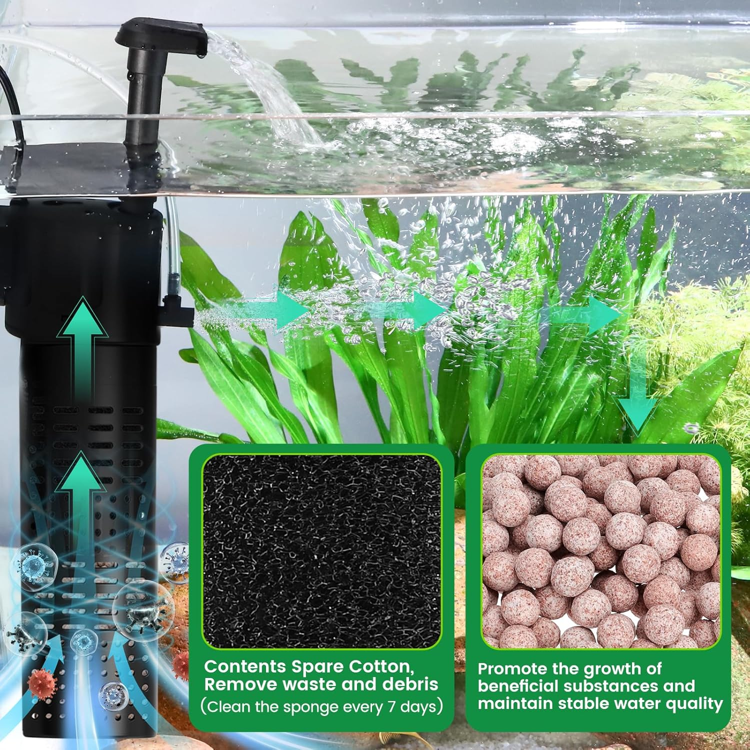300L/H Internal Aquarium Filter for 15-55L Freshwater & Saltwater Tanks