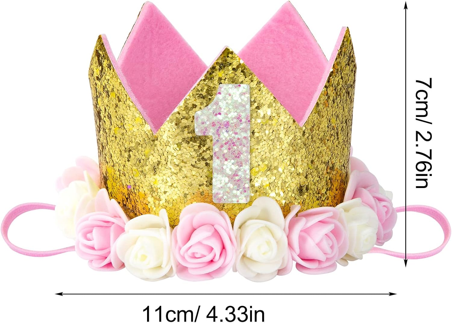 Elegant Glitter Birthday Crown with Floral Accents age number 1