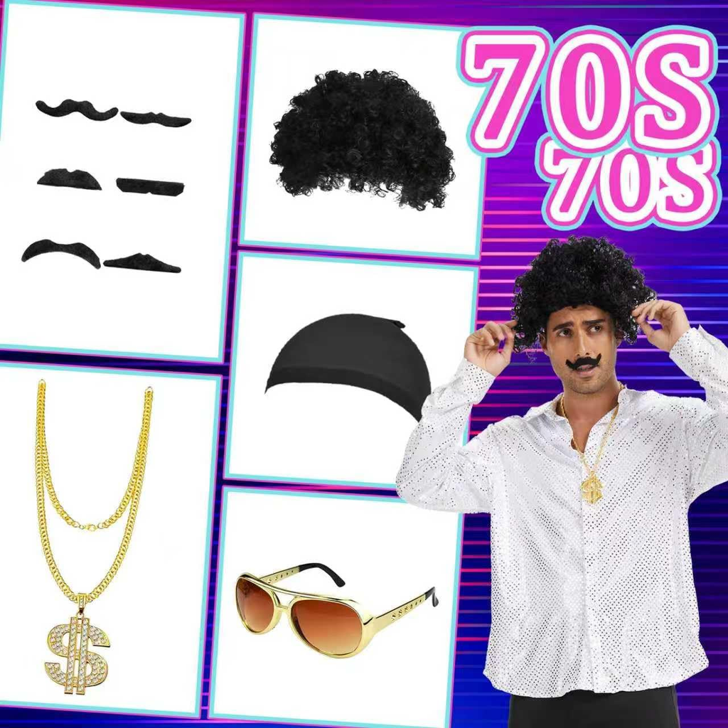 Men's 70s Disco Costume with Afro Wig and Accessories for Retro Parties