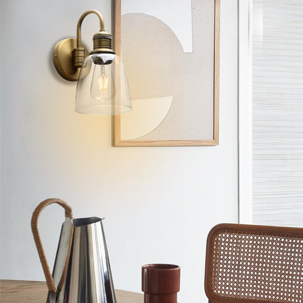 Vintage Industrial Glass Wall Sconce Light Set - Antique Gold Finish