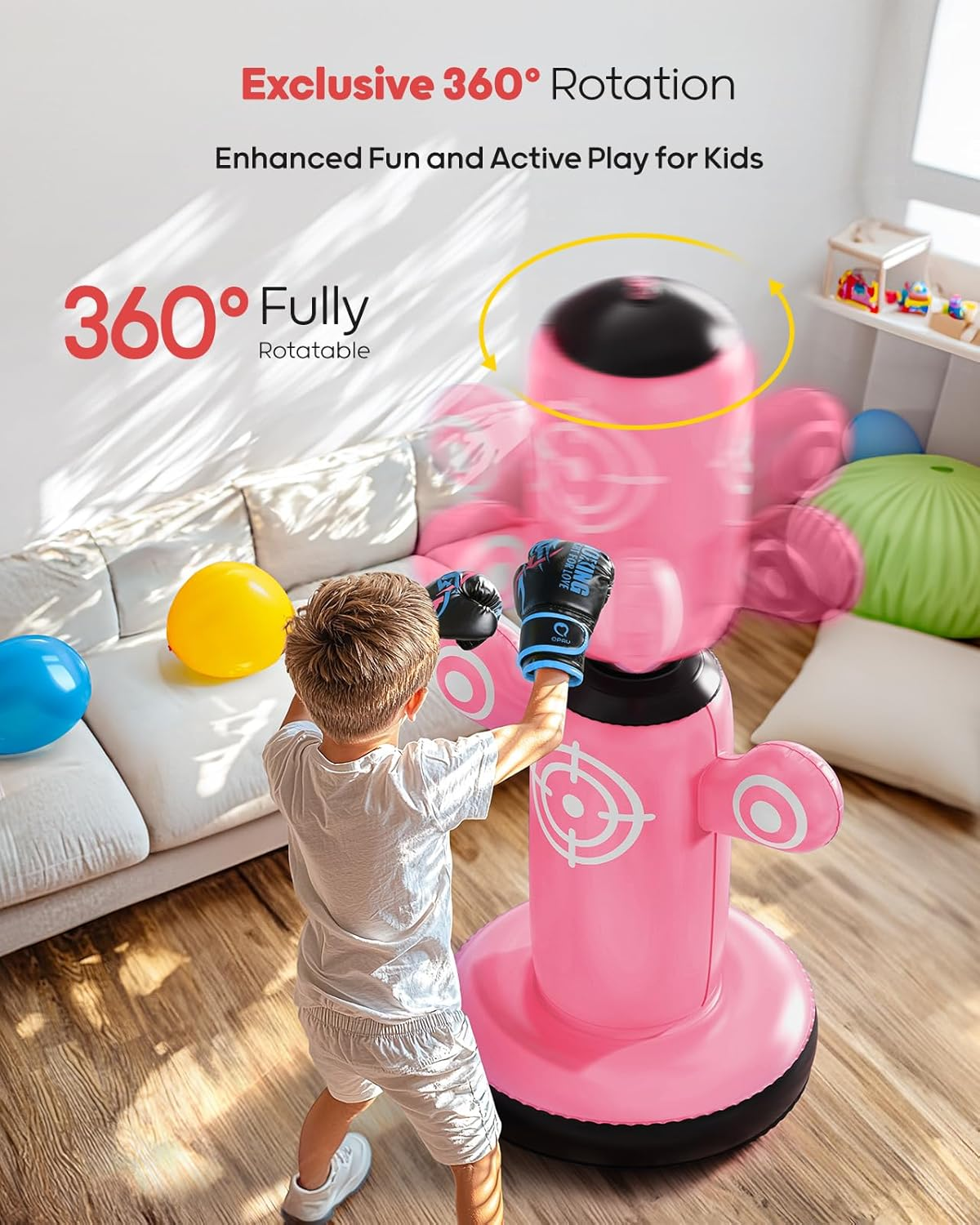 64” Rotatable Kids Punching Bag with Gloves, Pump & Targets - Pink