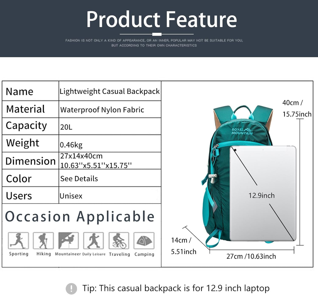 20L Lightweight Hiking Backpack with Rainproof Cover, Foldable Rucksack