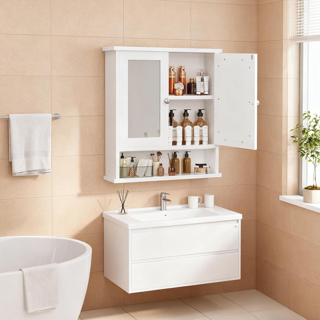 Wall-Mounted Bathroom Mirror Cabinet with Concealed Storage and Adjustable Shelv