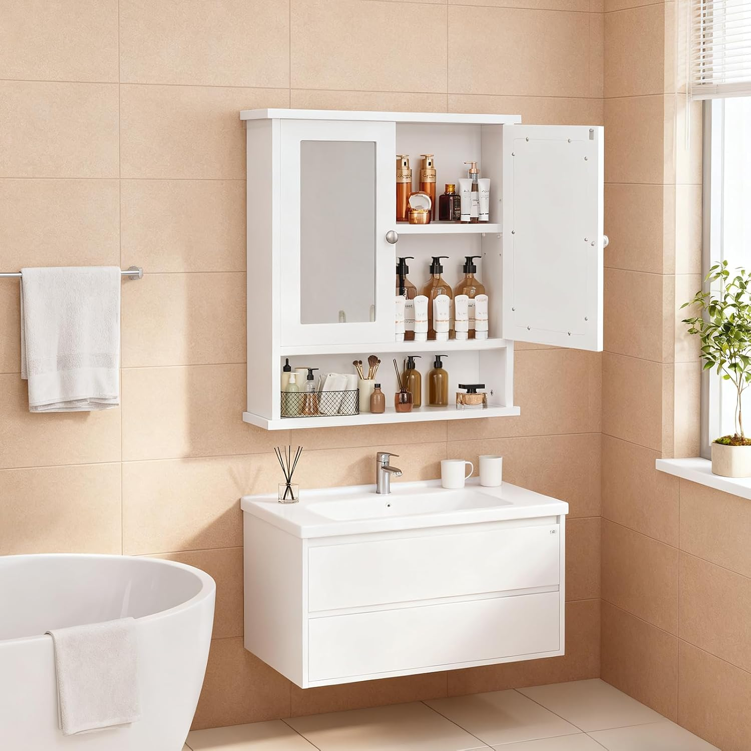 Wall-Mounted Bathroom Mirror Cabinet with Concealed Storage and Adjustable Shelv