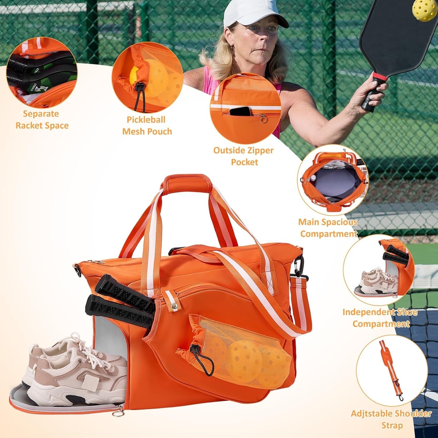 35L Versatile Pickleball Tote Bag with Shoe Compartment - Orange