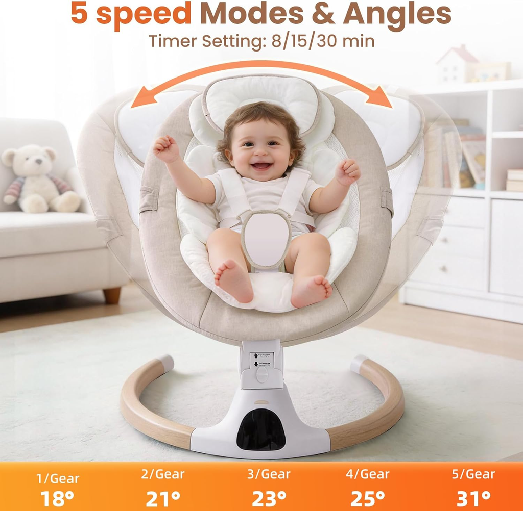 Portable Electric Baby Swing Chair with Bluetooth, Remote & 5 Speeds, Beige