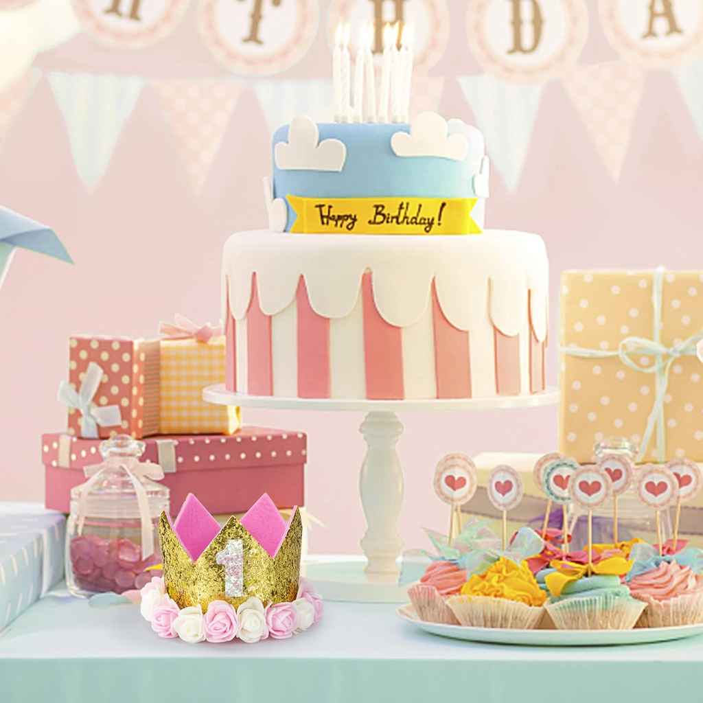 Elegant Glitter Birthday Crown with Floral Accents age number 1