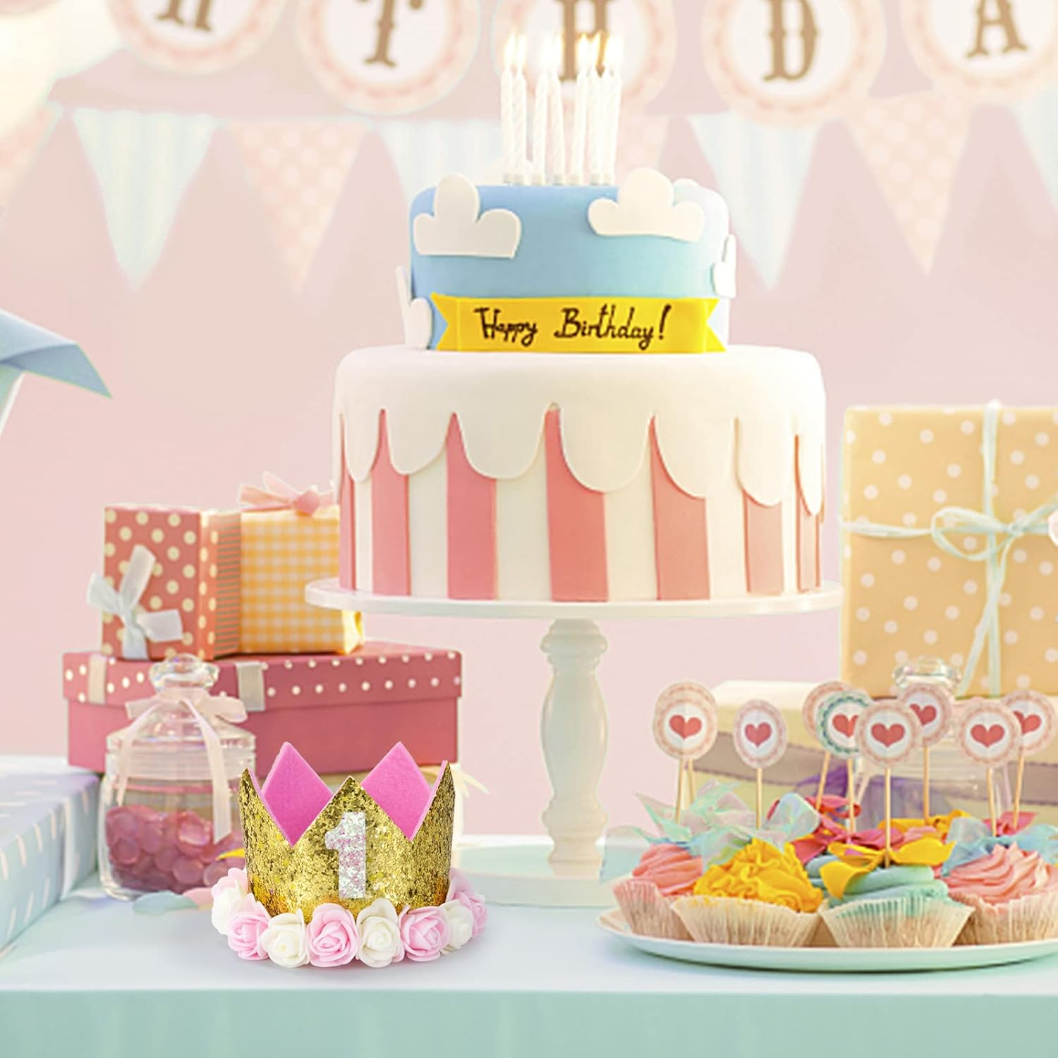 Elegant Glitter Birthday Crown with Floral Accents age number 1