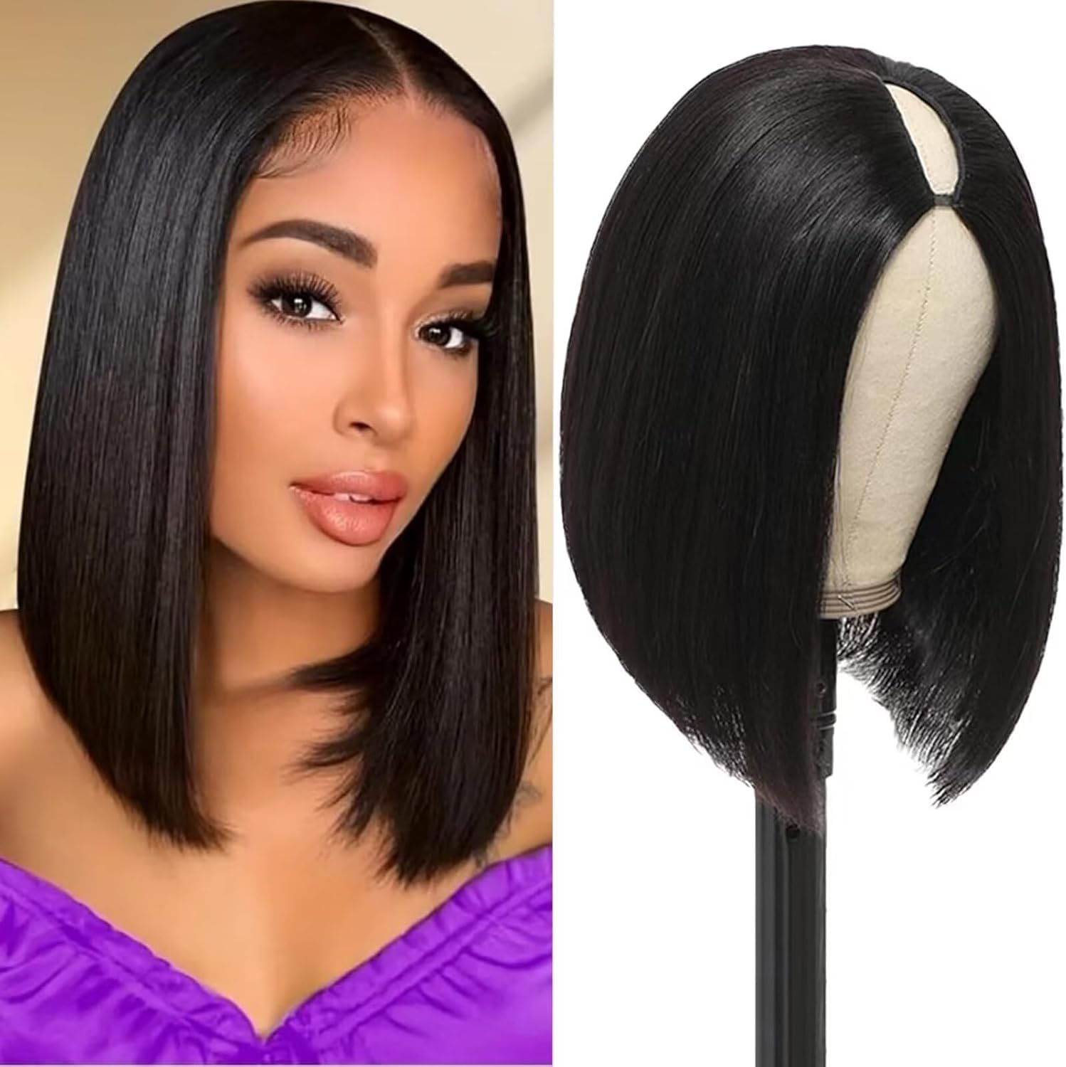 14-Inch V Part Bob Wig - Straight Human Hair, No Leave Out, Natural Color