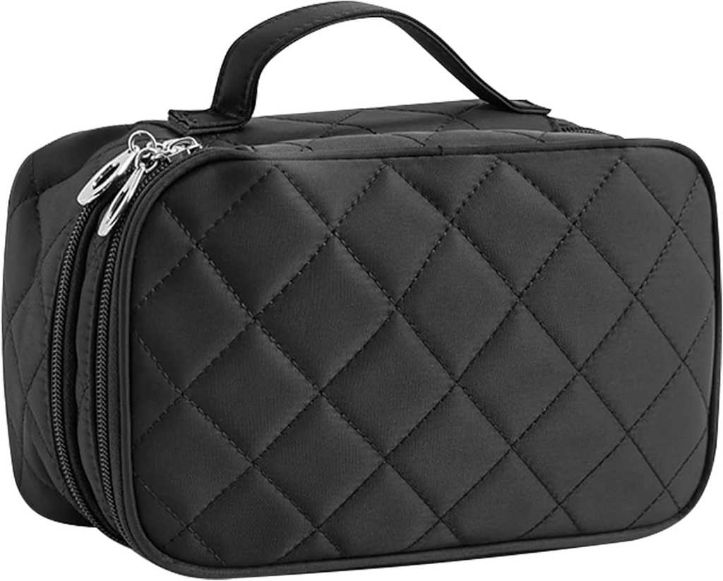 Double Layer Portable Cosmetic Bag with Mirror - Black Toiletry Organizer