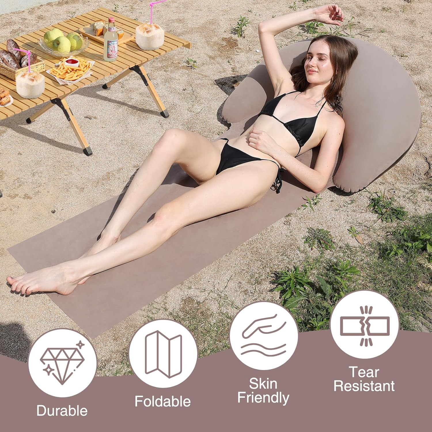 Portable Beach Mat with Inflatable Pillow, 70x30 Inches (Khaki)