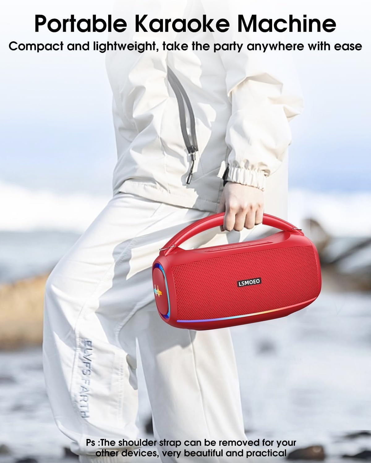 LSMOEO Bluetooth Karaoke Machine 60W Dual Mics RGB Lights Waterproof Red