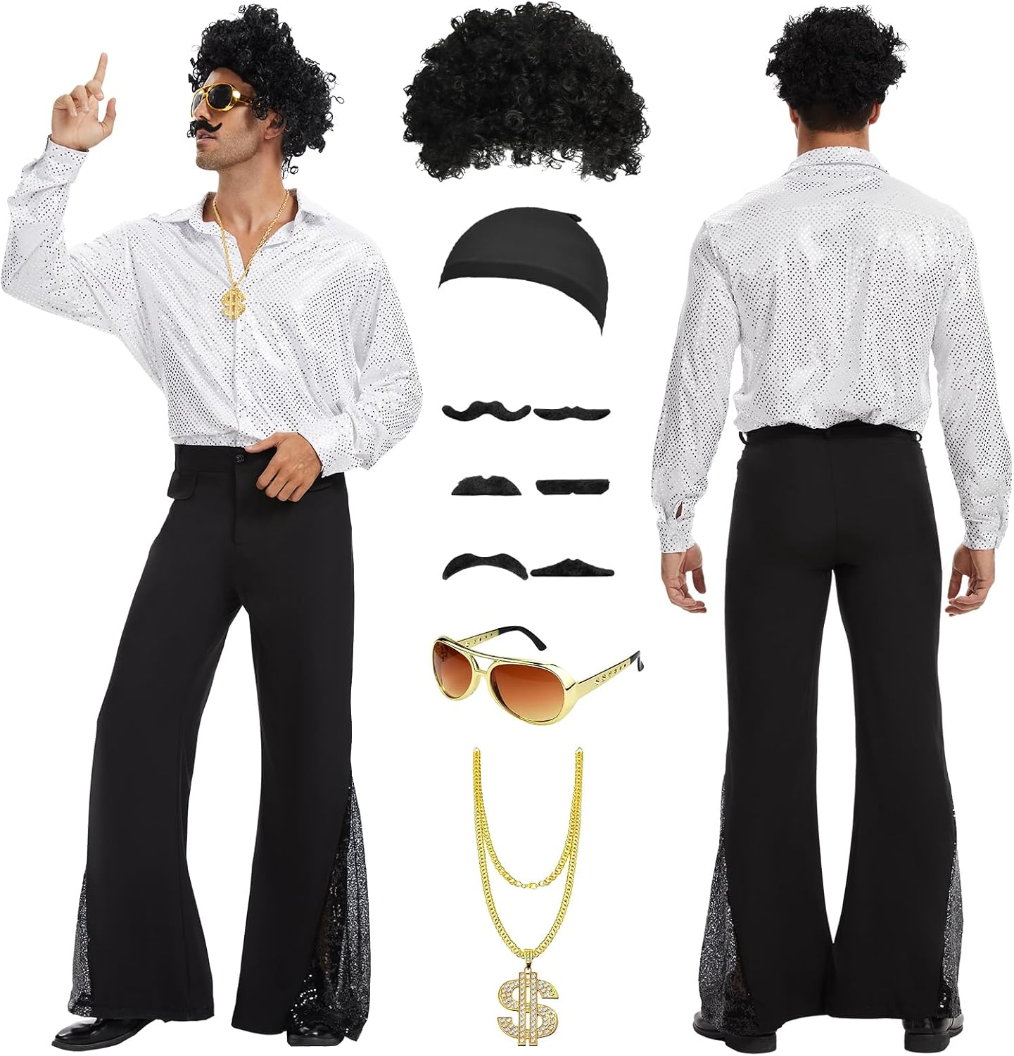 Men's 70s Disco Costume with Afro Wig and Accessories for Retro Parties