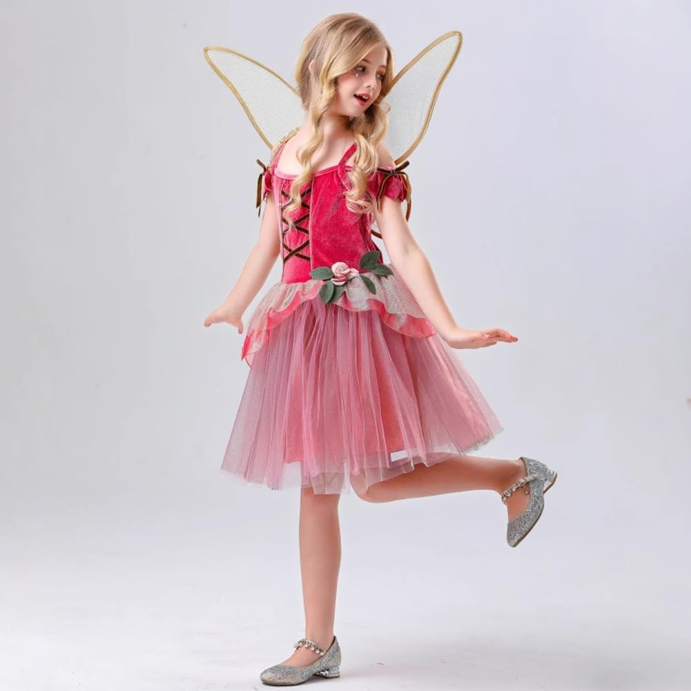 Girls Fairy Pink Costume Set with Wings for Halloween and Themed Parties