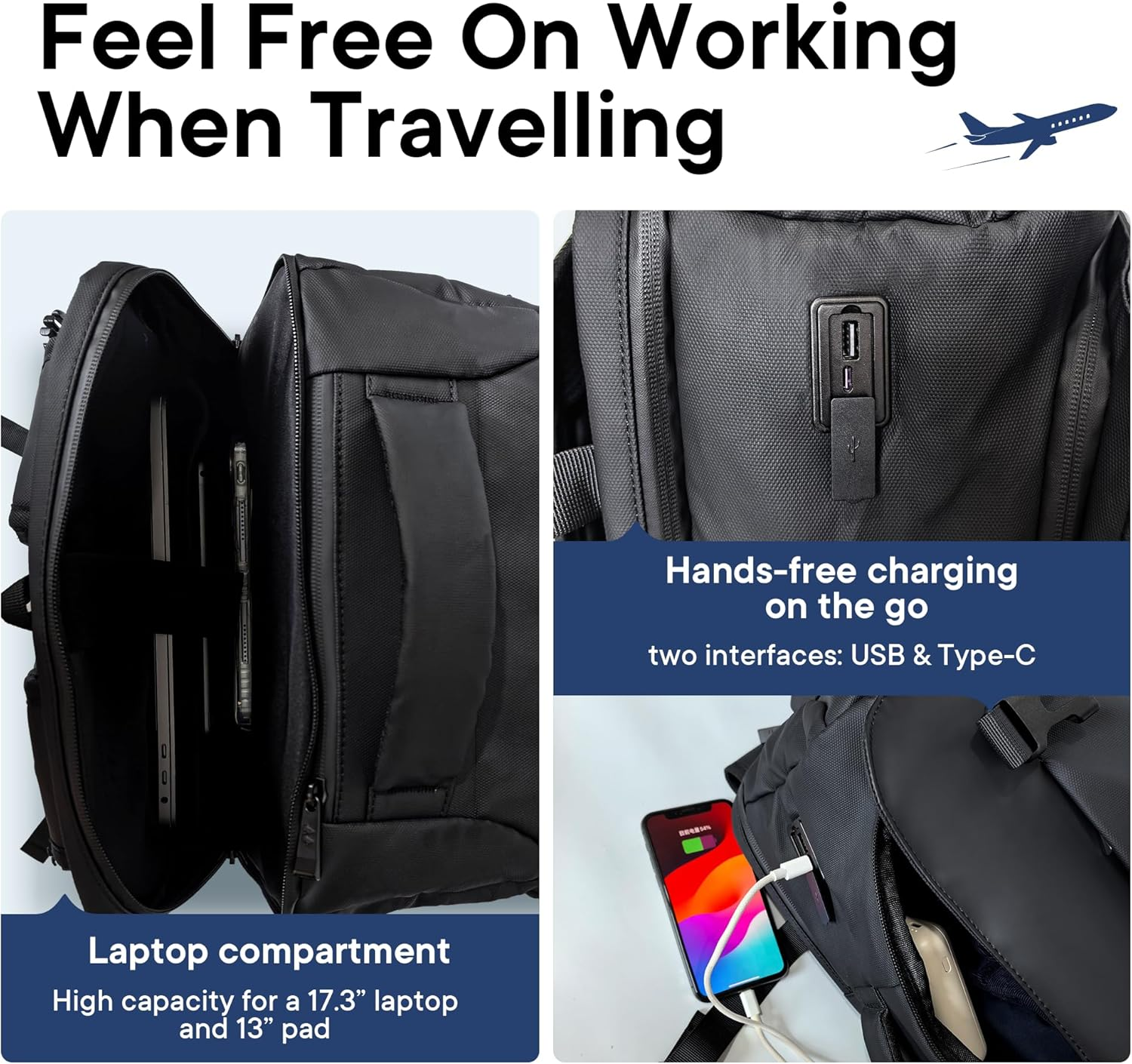 Men's 40L Travel Backpack, Water-Resistant Rucksack with USB Port and Laptop Com