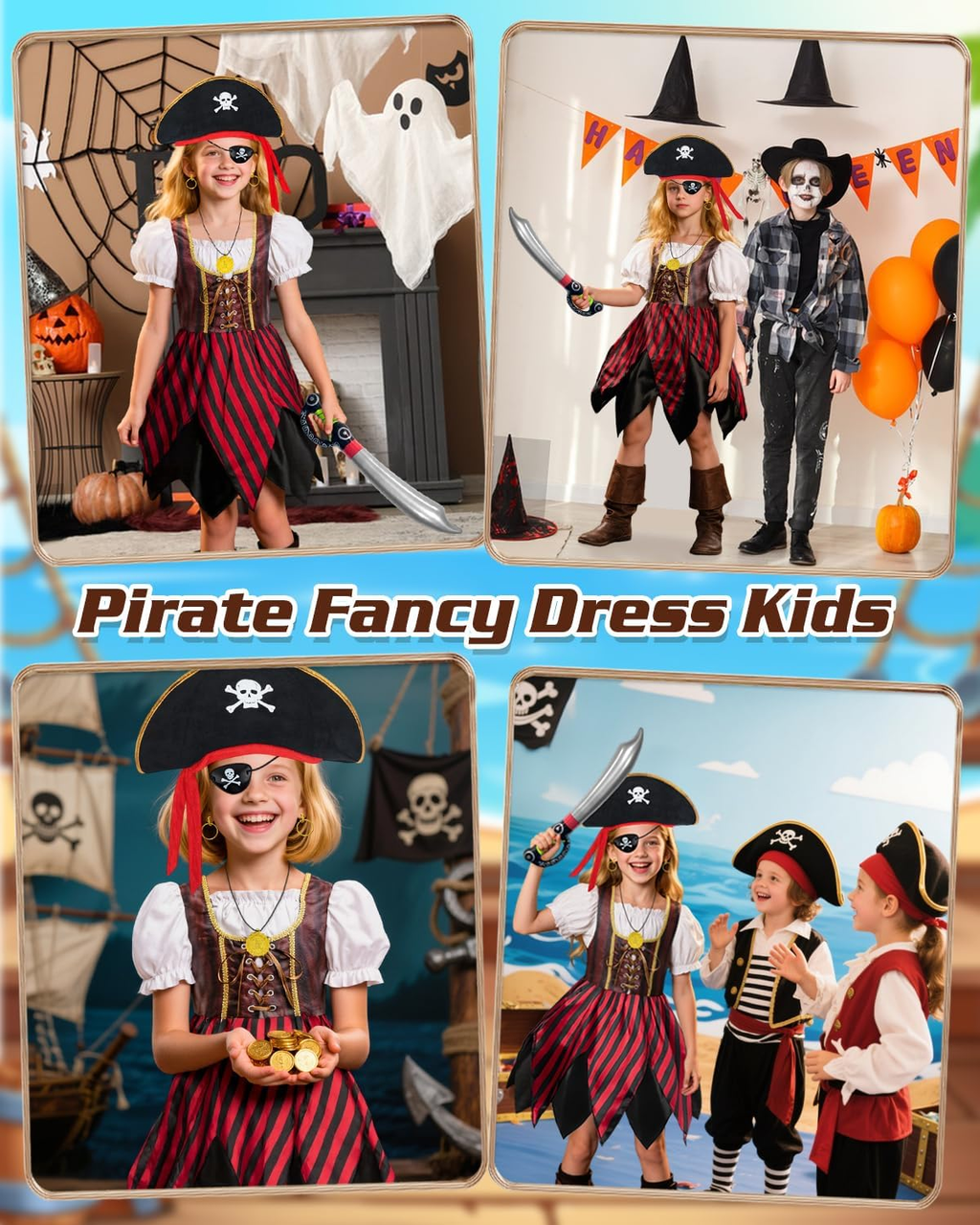 Kids Pirate Costume Set with Hat & Accessories for Dress Up & Cosplay - Size 130