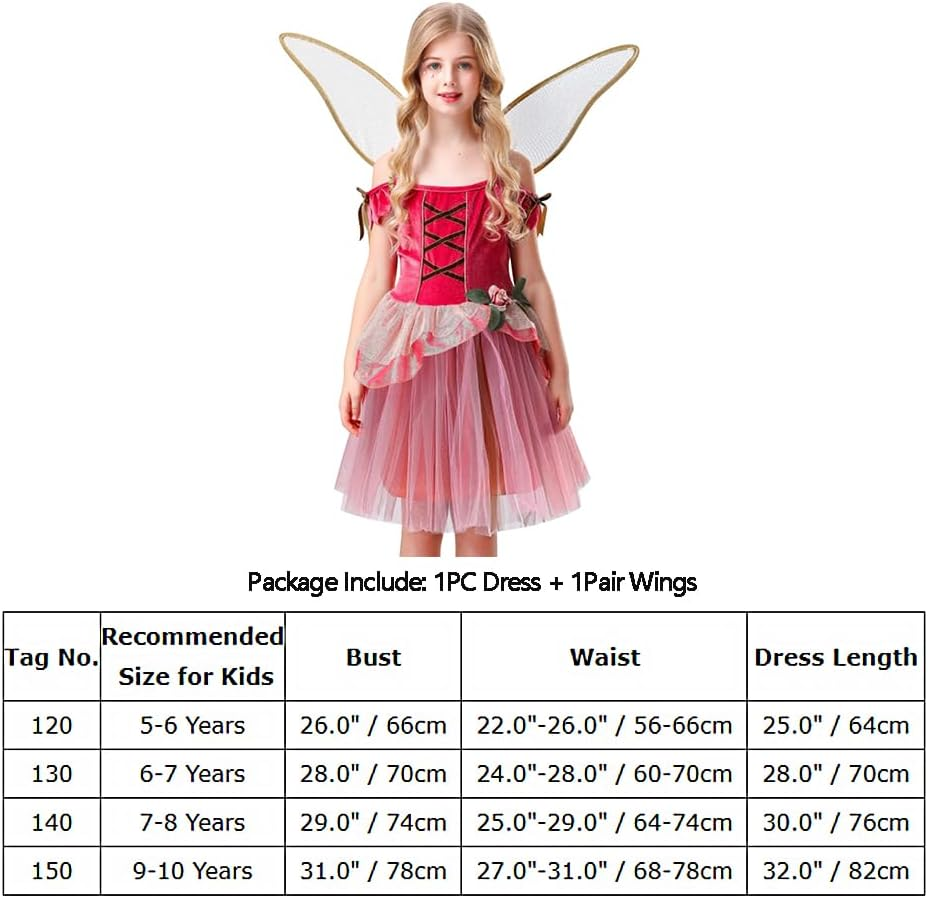 Girls Fairy Pink Costume Set with Wings for Halloween and Themed Parties