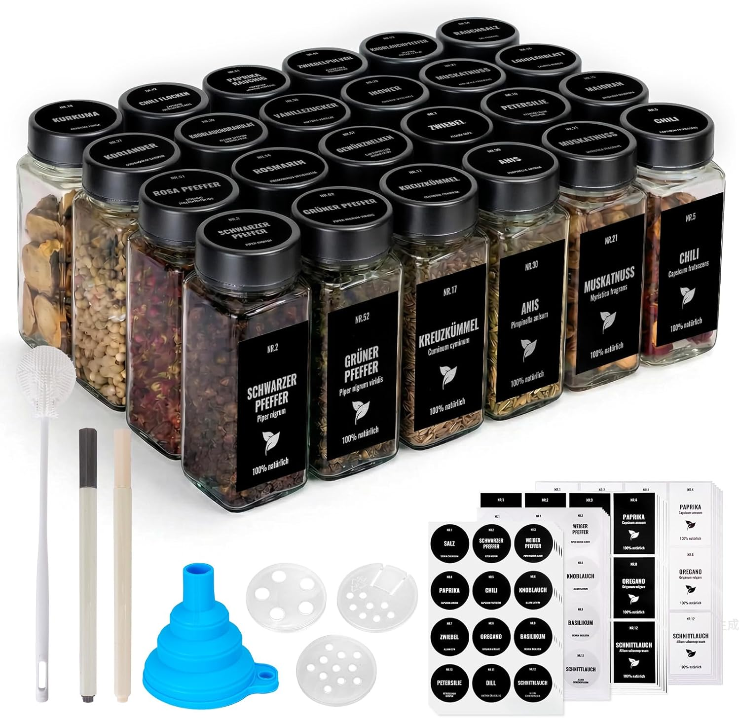 24 Glass Spice Jars with Stainless Steel Lids and Accessories for Organization