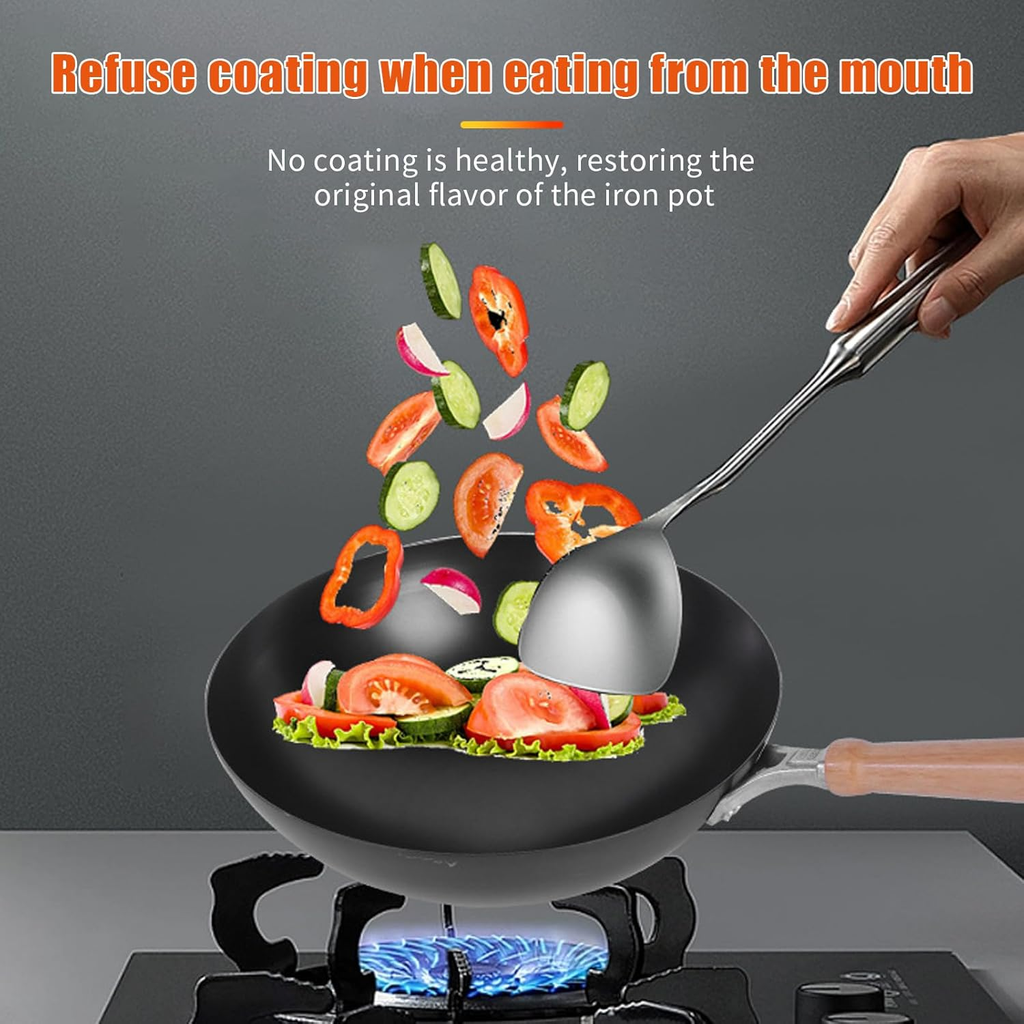 12-Inch Hand Hammered Carbon Steel Wok with Wooden and Steel Handle