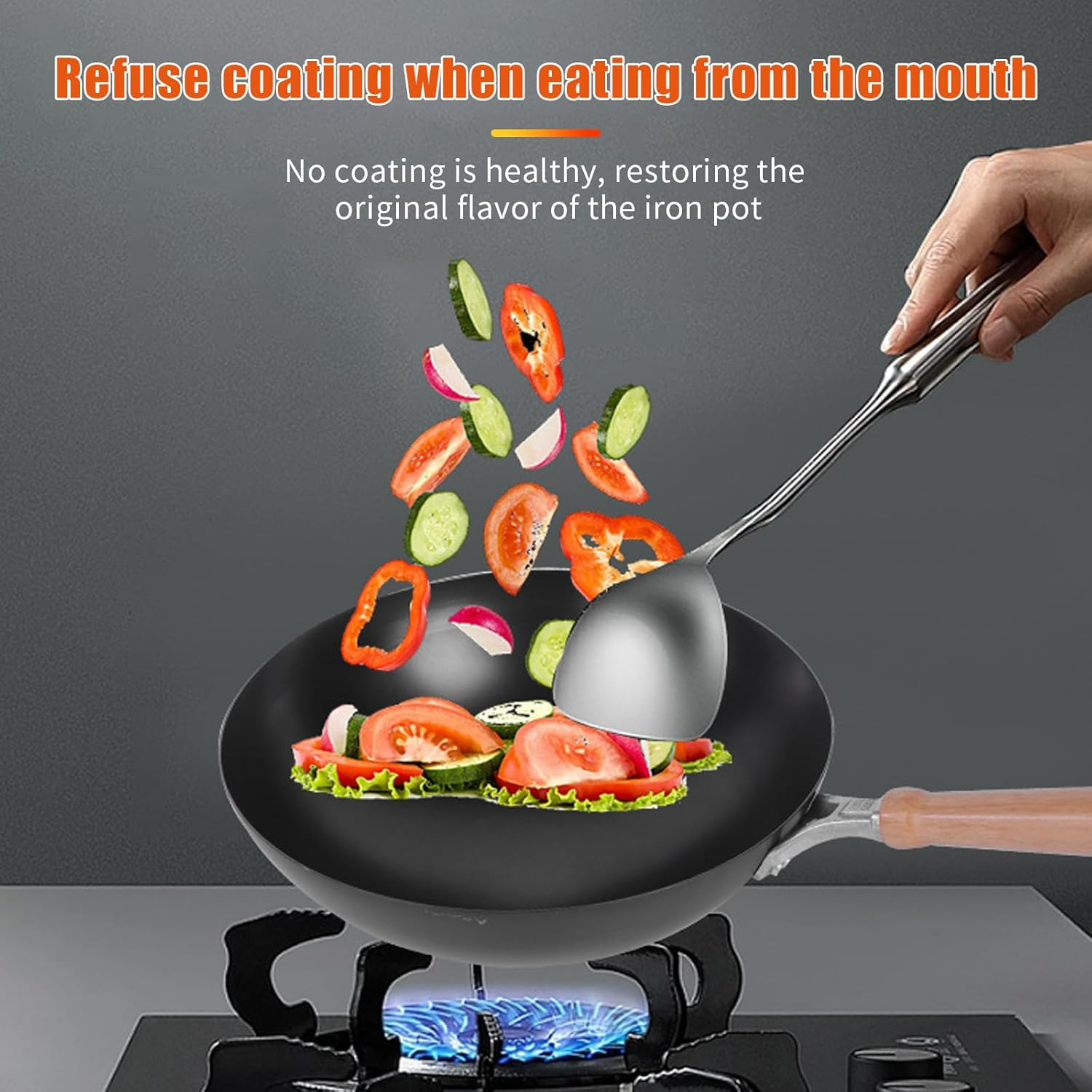 12-Inch Hand Hammered Carbon Steel Wok with Wooden and Steel Handle