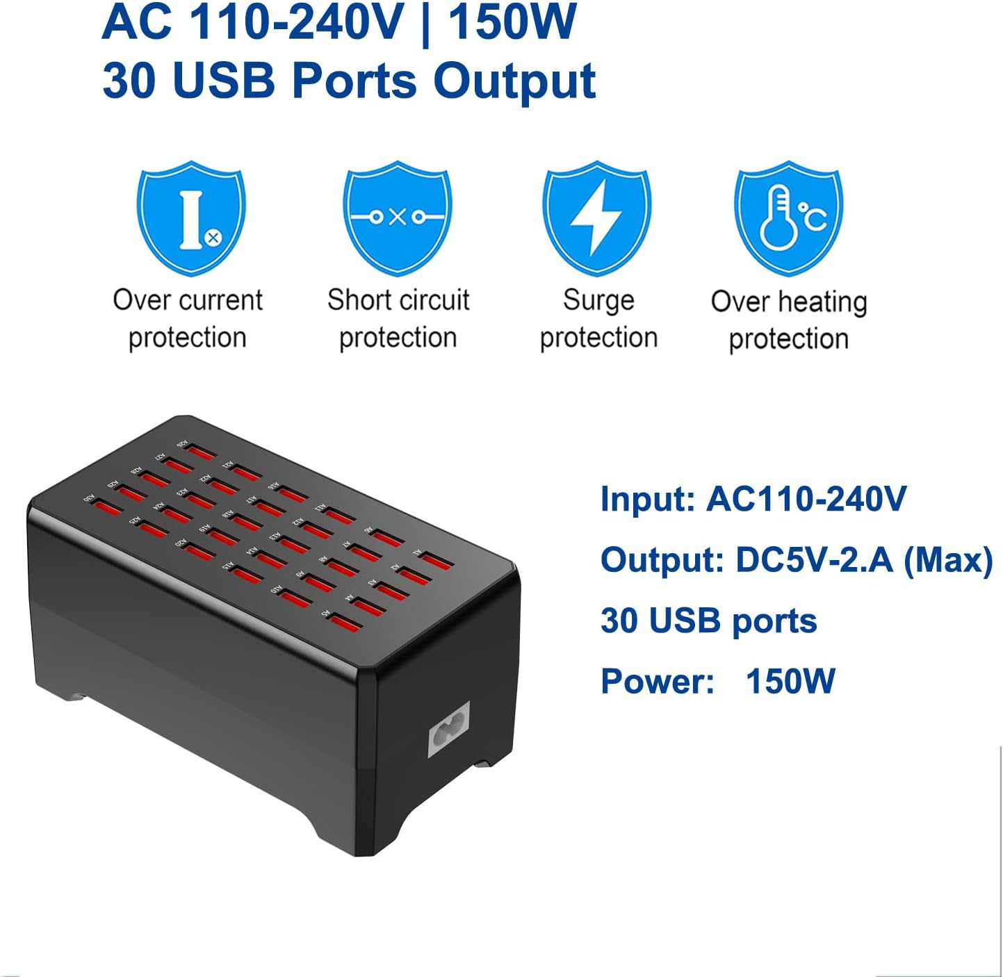 30-Port USB Charger Station, 150W Fast Charging for Phones & Tablets