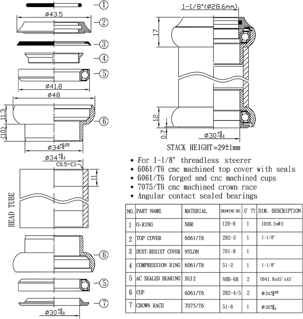 WFS NV.58 1-1/8" Threadless Bike Headset CNC Alloy Sealed Bearings 34mm Head Tub