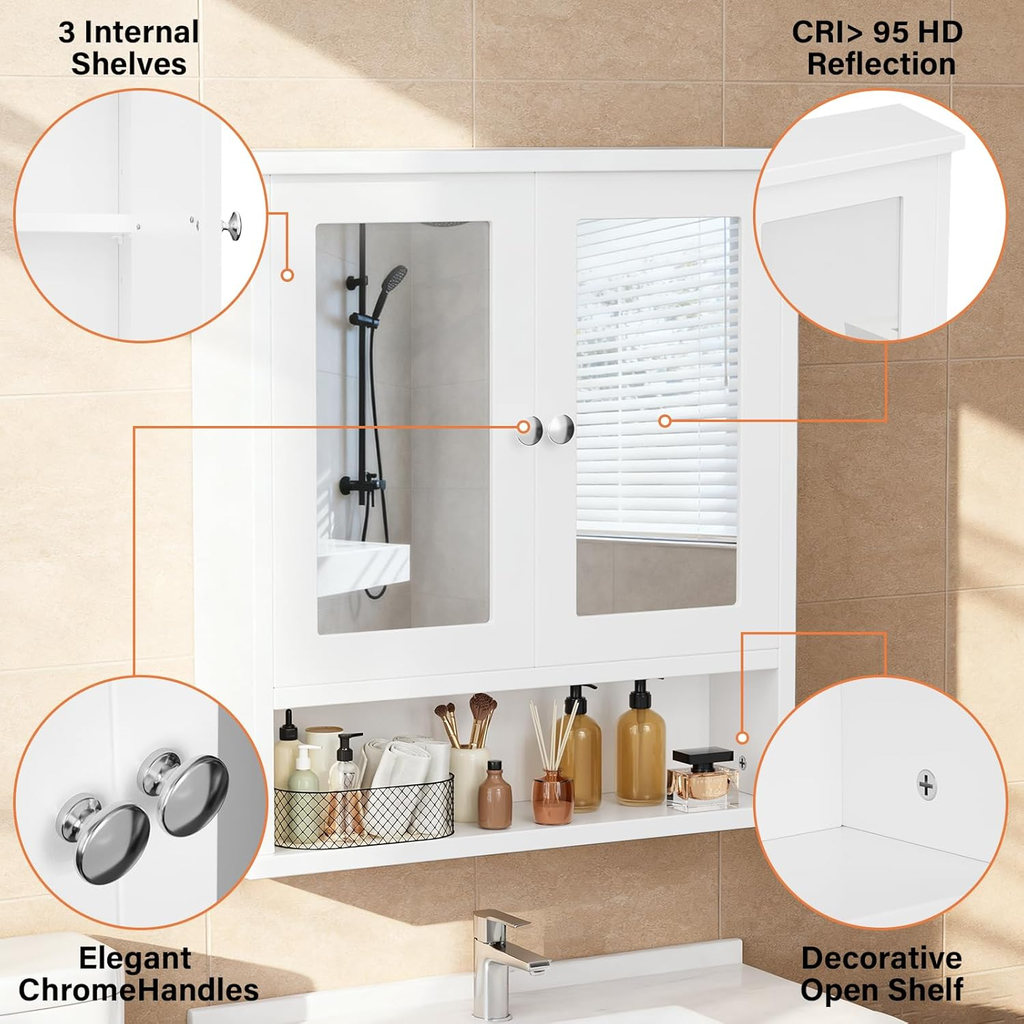Wall-Mounted Bathroom Mirror Cabinet with Concealed Storage and Adjustable Shelv