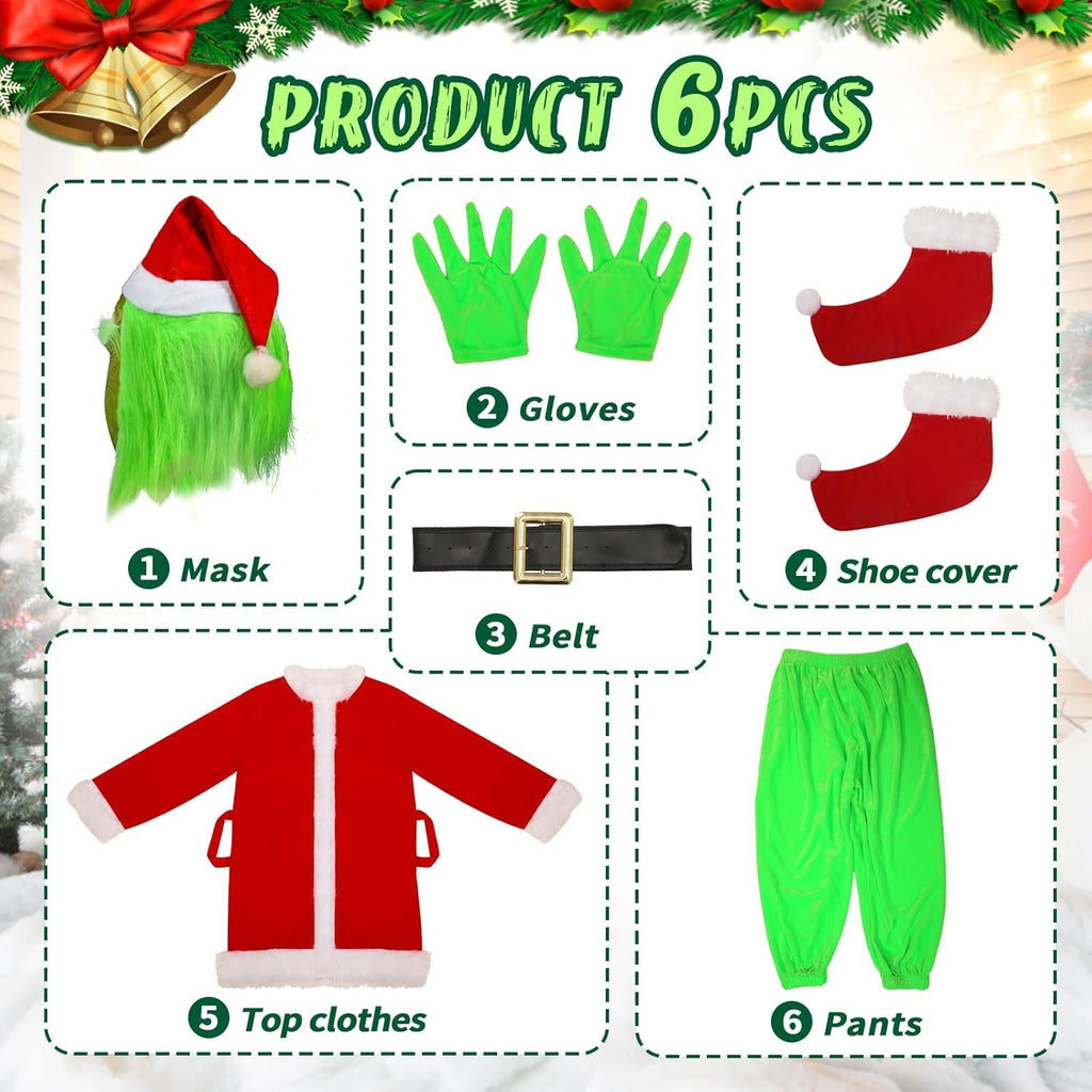 Deluxe 6PCS Kids Christmas Grinch Santa Costume with Accessories Size S