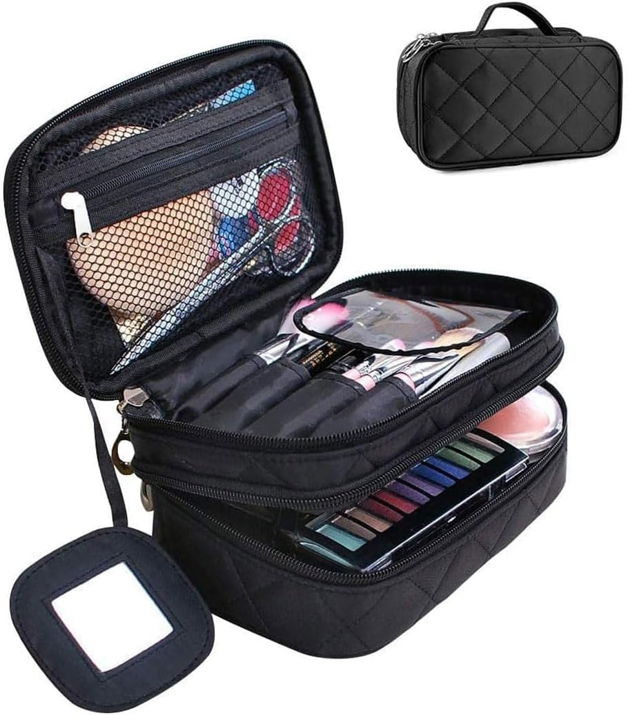 Double Layer Portable Cosmetic Bag with Mirror - Black Toiletry Organizer