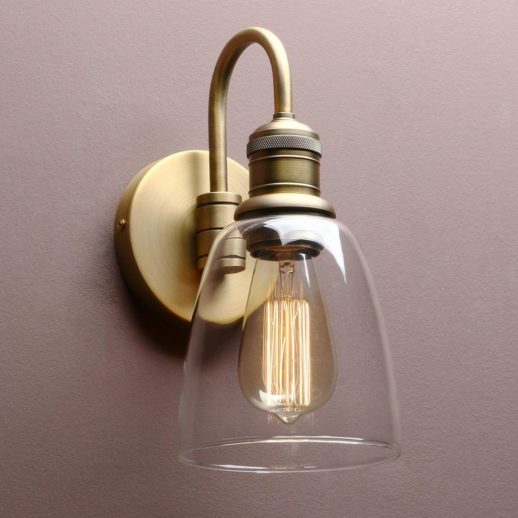 Vintage Industrial Glass Wall Sconce Light Set - Antique Gold Finish