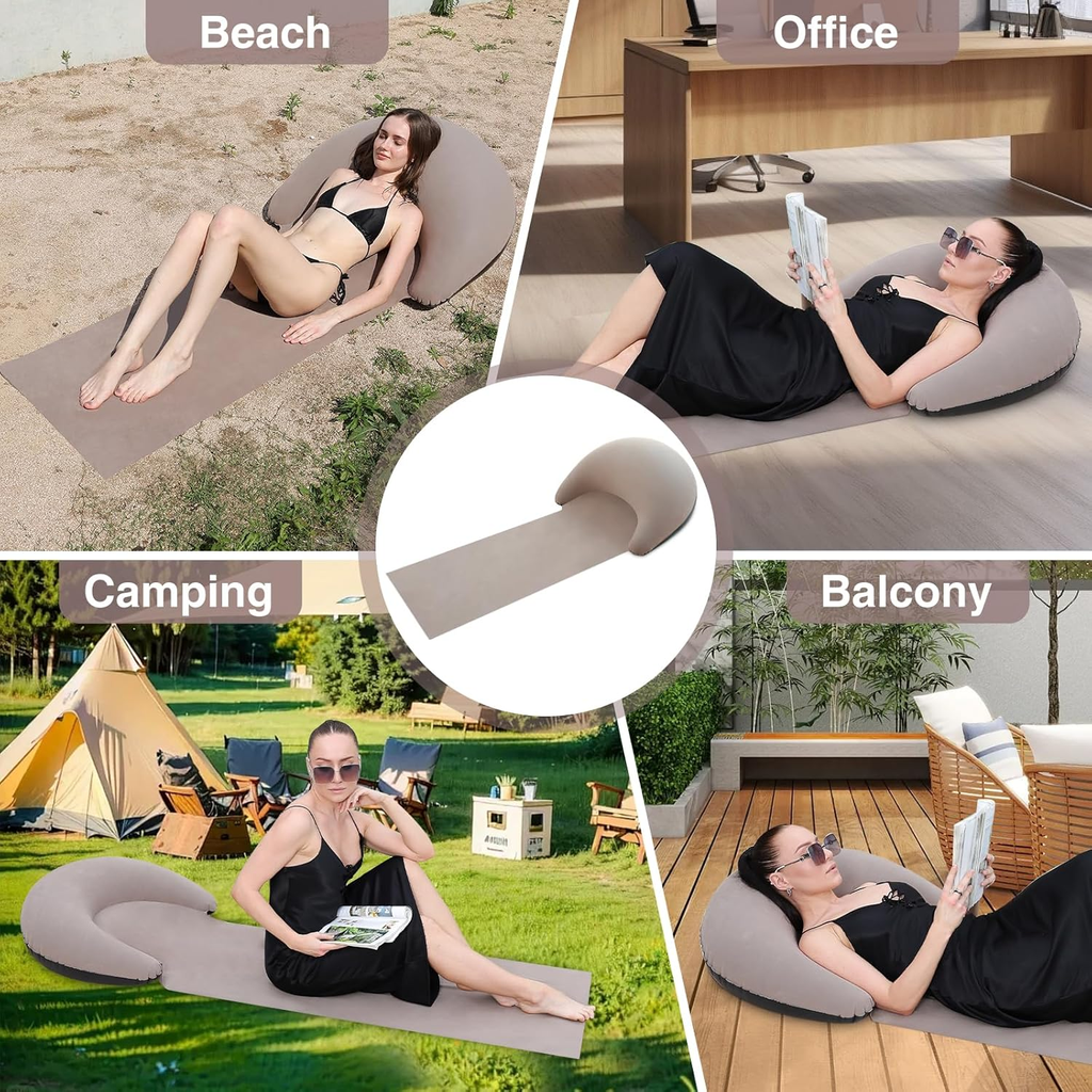 Portable Beach Mat with Inflatable Pillow, 70x30 Inches (Khaki)