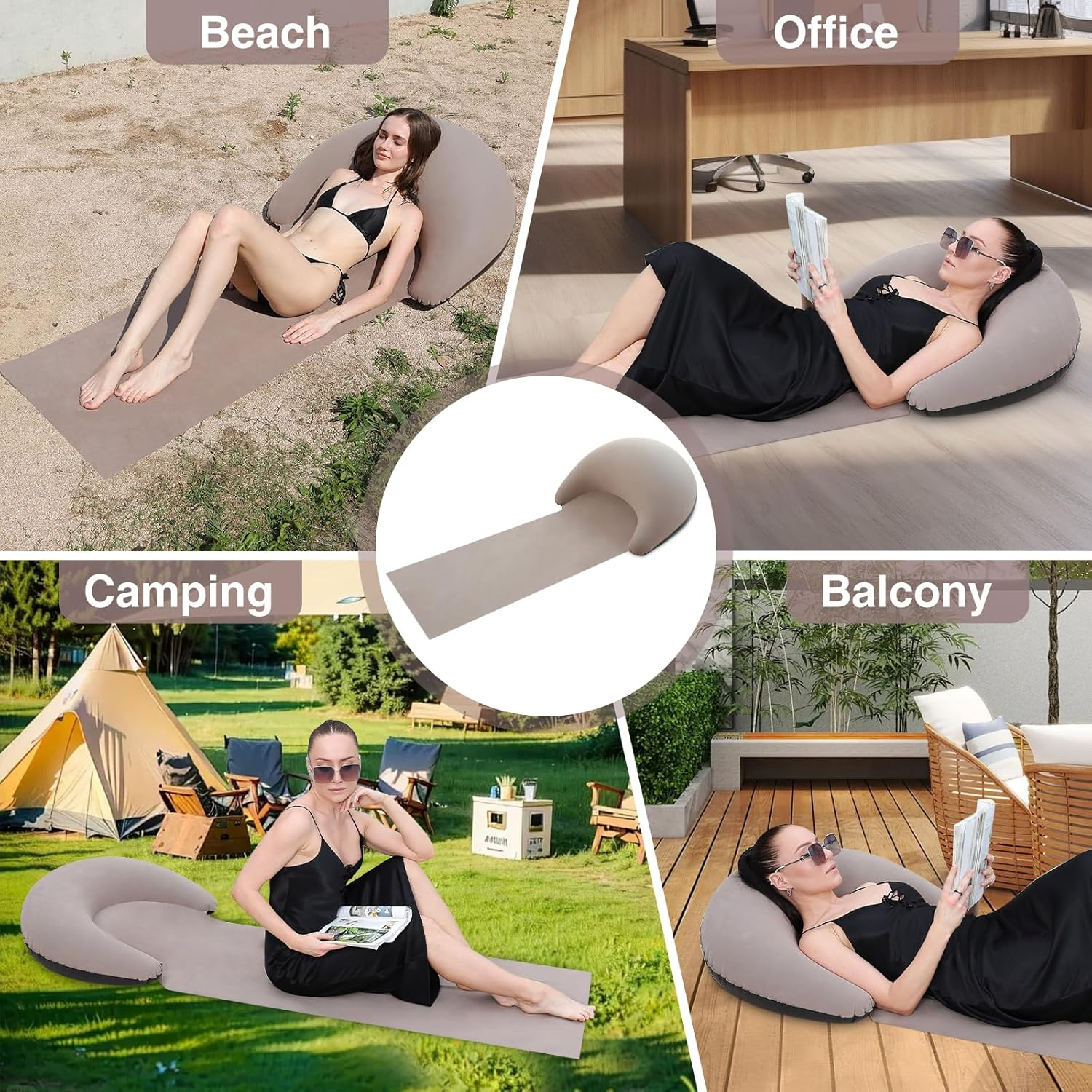 Portable Beach Mat with Inflatable Pillow, 70x30 Inches (Khaki)