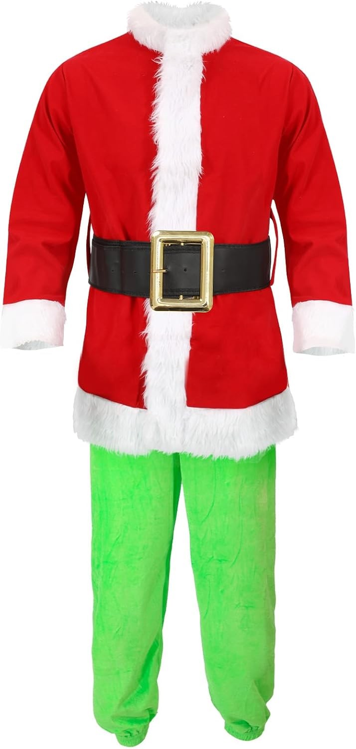 Deluxe 6PCS Kids Christmas Grinch Santa Costume with Accessories Size S