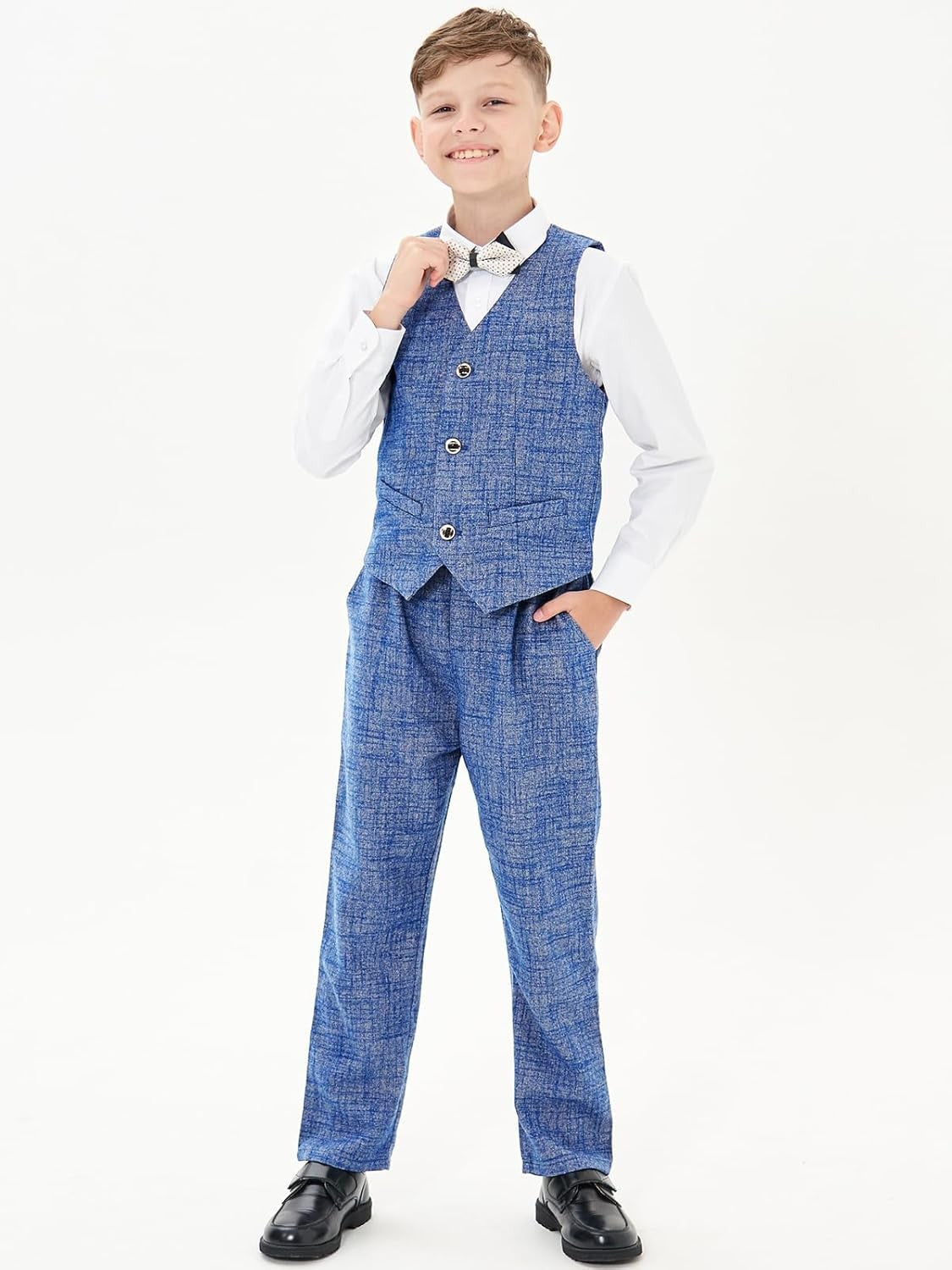 4-Piece Boys Formal Suit Set with Waistcoat, Shirt, Pants, and Bow Tie