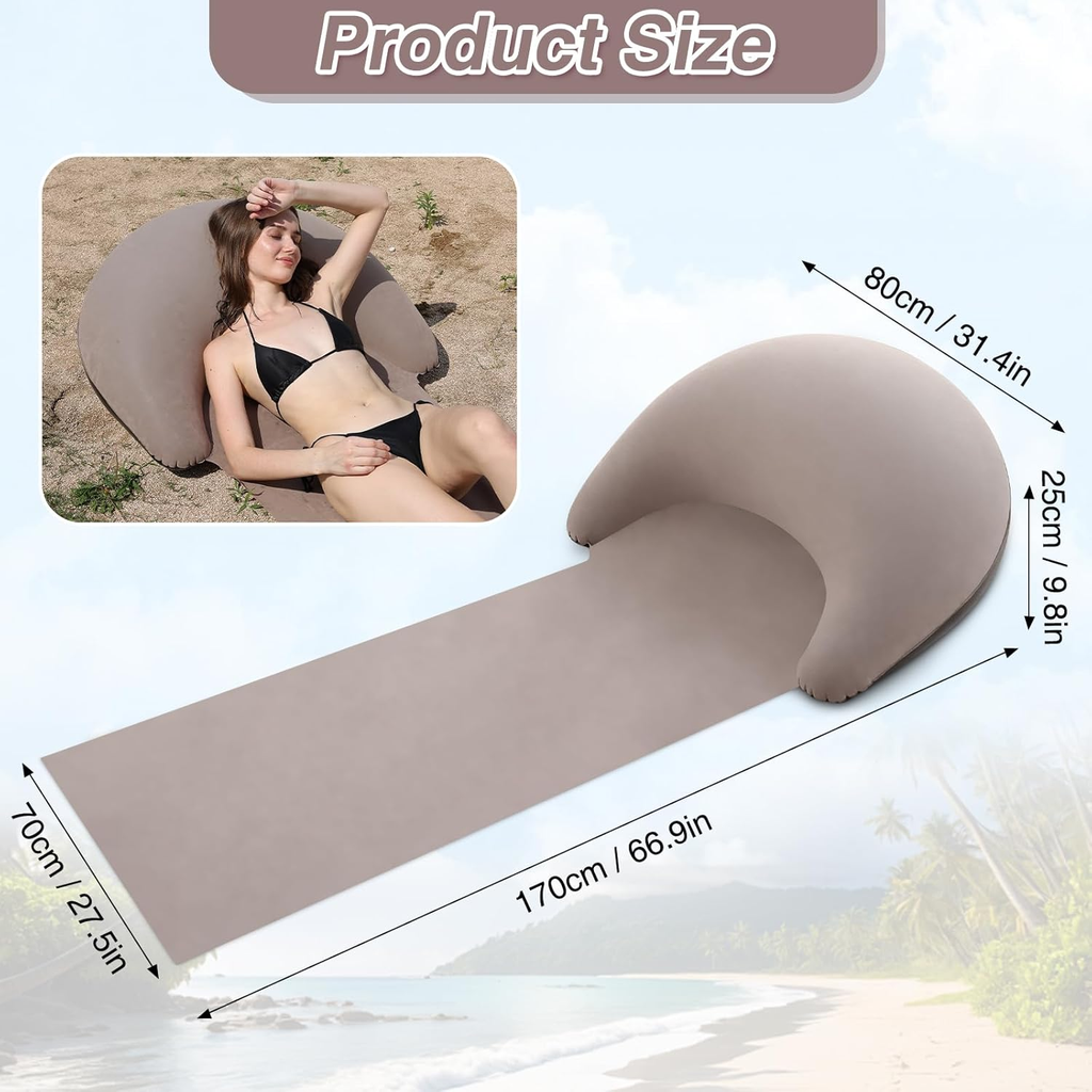 Portable Beach Mat with Inflatable Pillow, 70x30 Inches (Khaki)