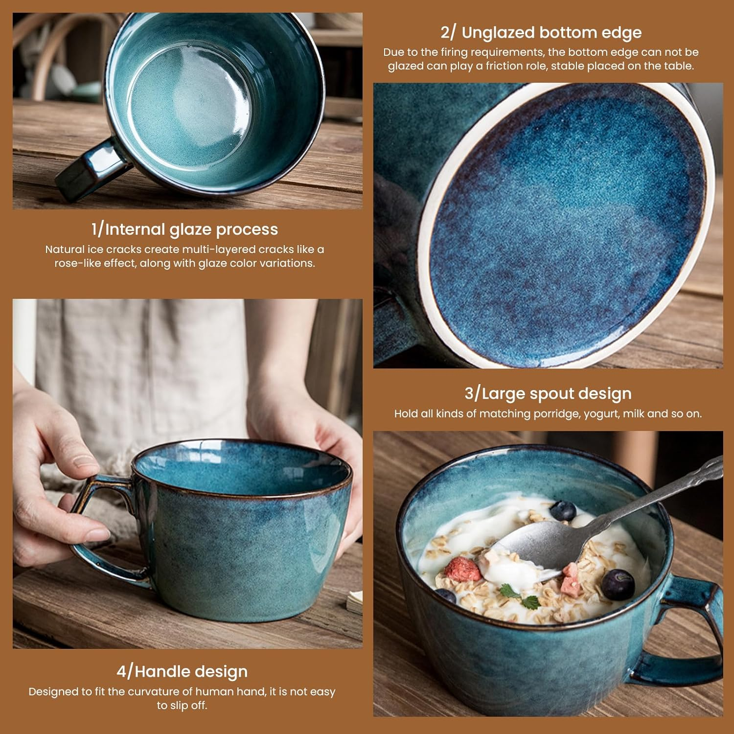 ACESOME 650ml Ceramic Soup Bowl with Scoop and Handle - Microwave Safe, Blue