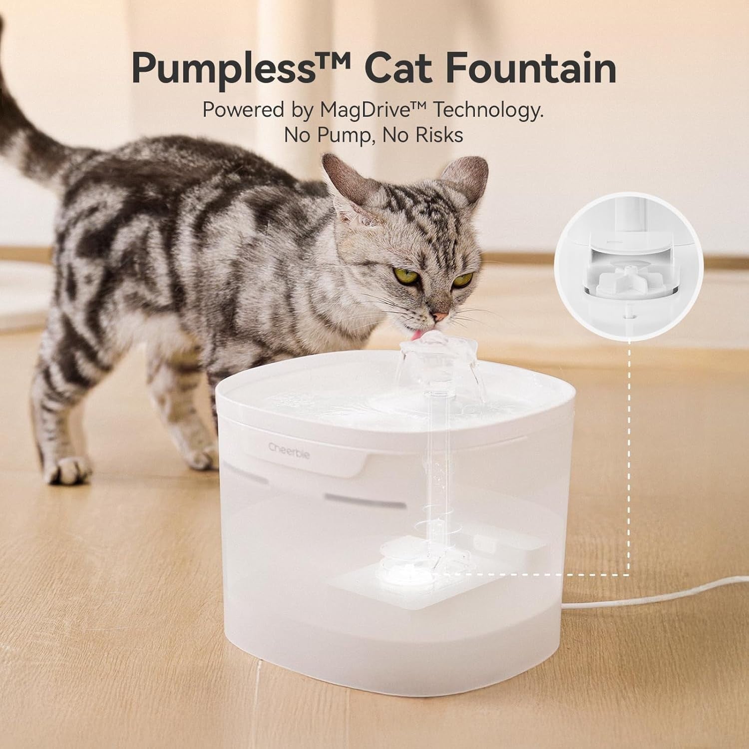 Cheerble Elfin E1 Lite Cat Water Fountain | Pumpless, Quiet, Filtered, BPA-Free
