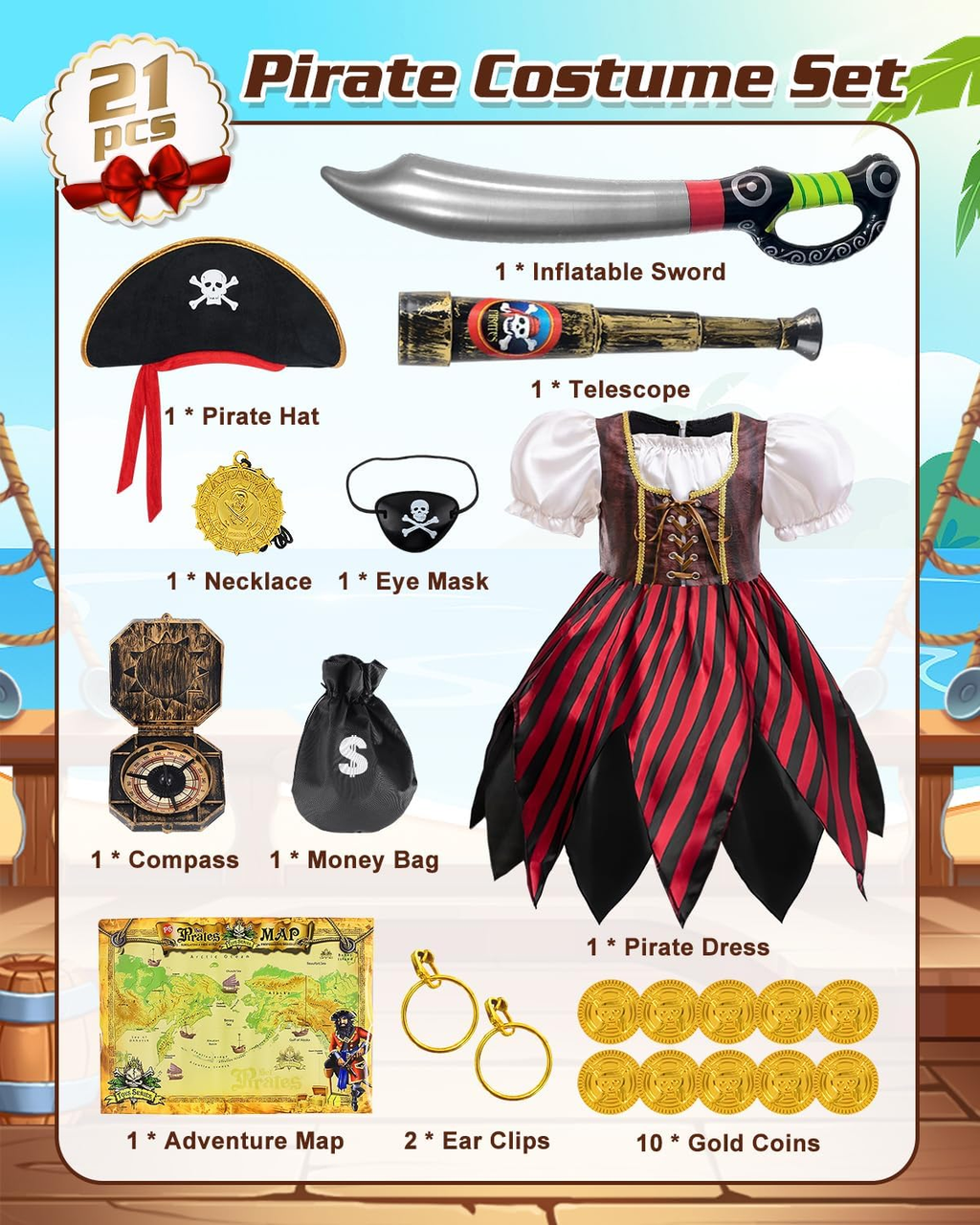 Kids Pirate Costume Set with Hat & Accessories for Dress Up & Cosplay - Size 130