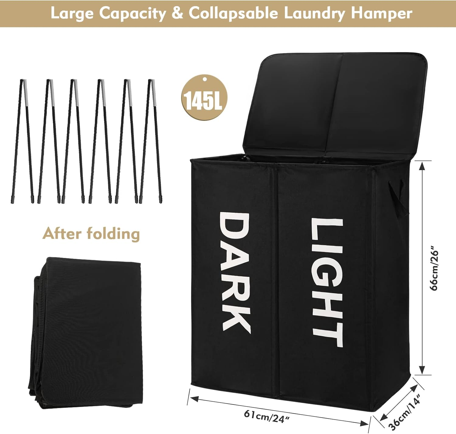 145L Collapsible Double Laundry Basket with Lid and Removable Bags, Black