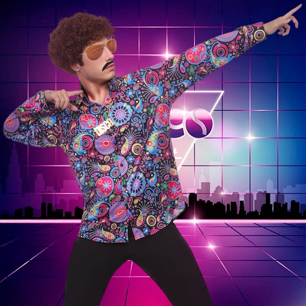 Men's 70s Disco Costume Set with Flared Pants, Shirt, M and L size