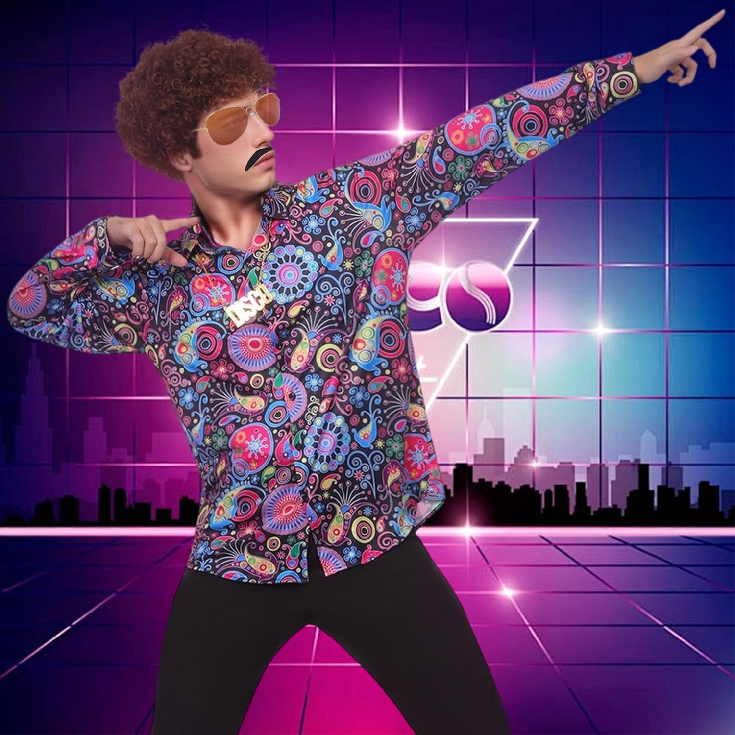 Men's 70s Disco Costume Set with Flared Pants, Shirt, M and L size