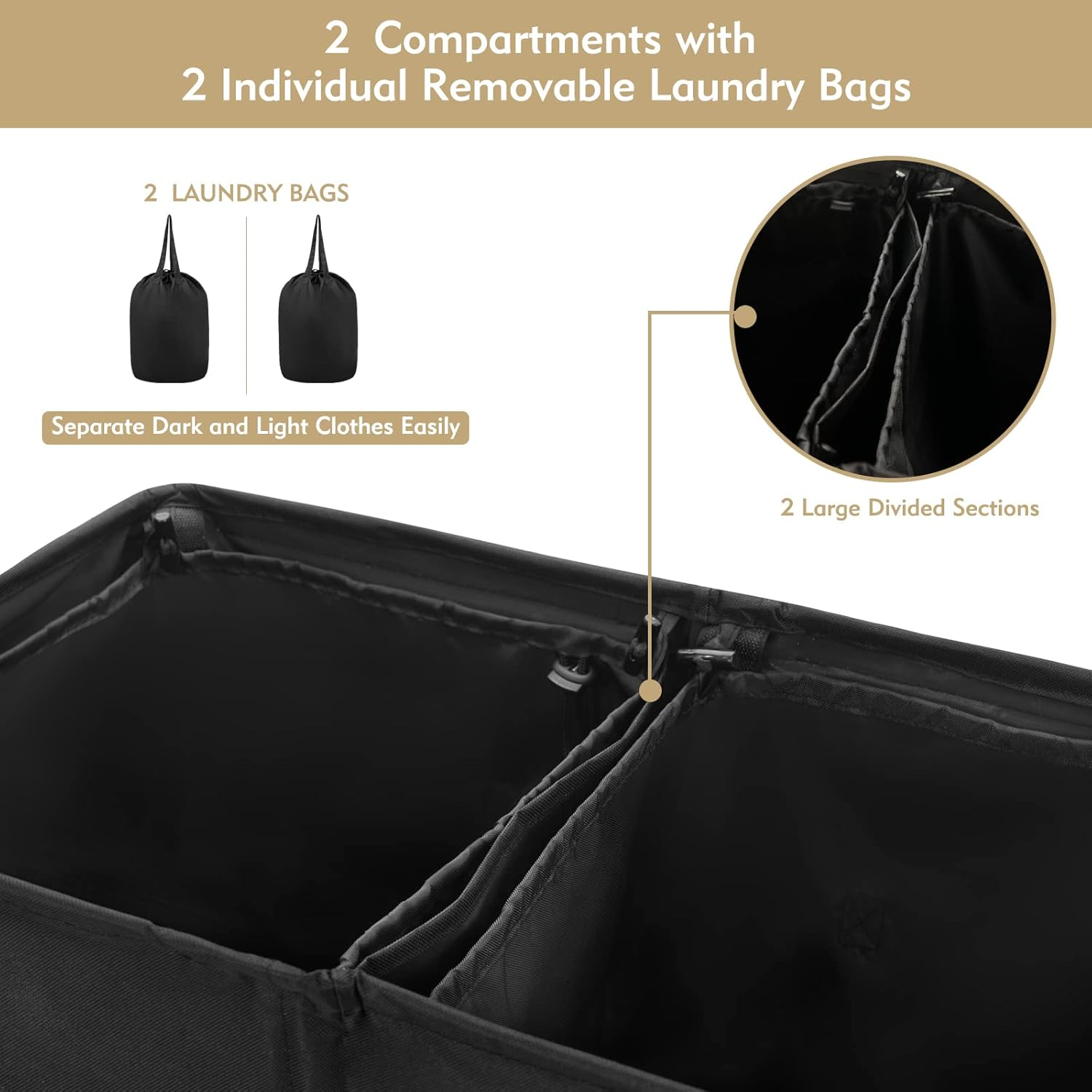 145L Collapsible Double Laundry Basket with Lid and Removable Bags, Black