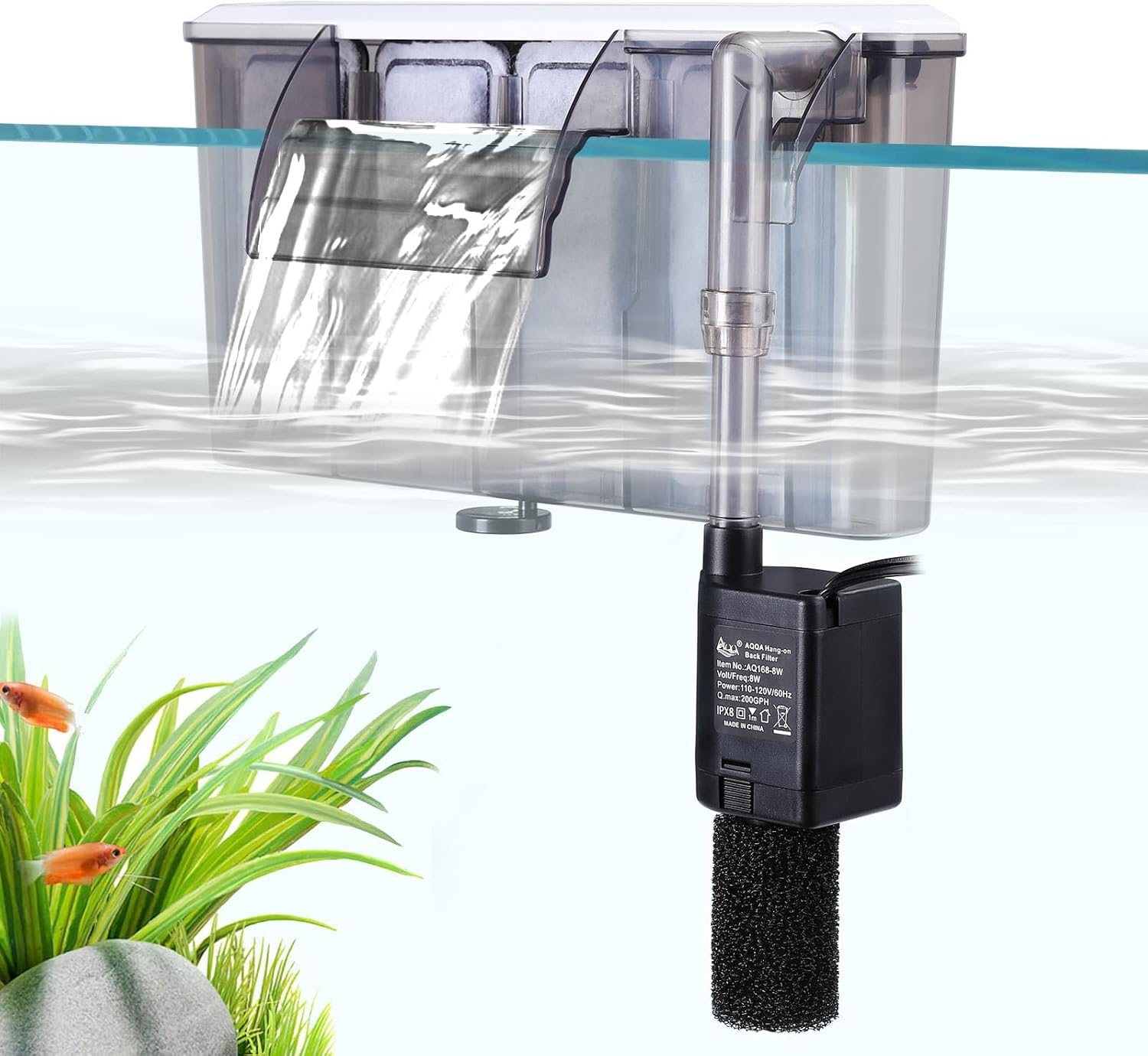 8W Quiet Hang-On Aquarium Filter with 3-Stage Filtration, 900L/H