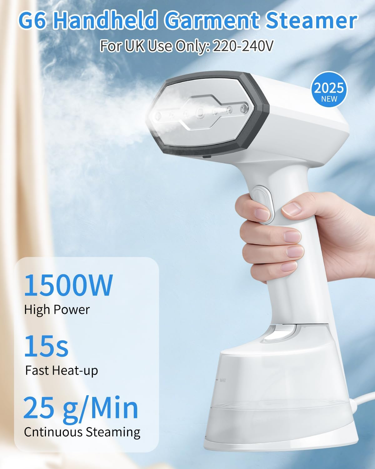 Handheld 1500W Clothes Steamer, Fast Heating, Portable for Home & Travel