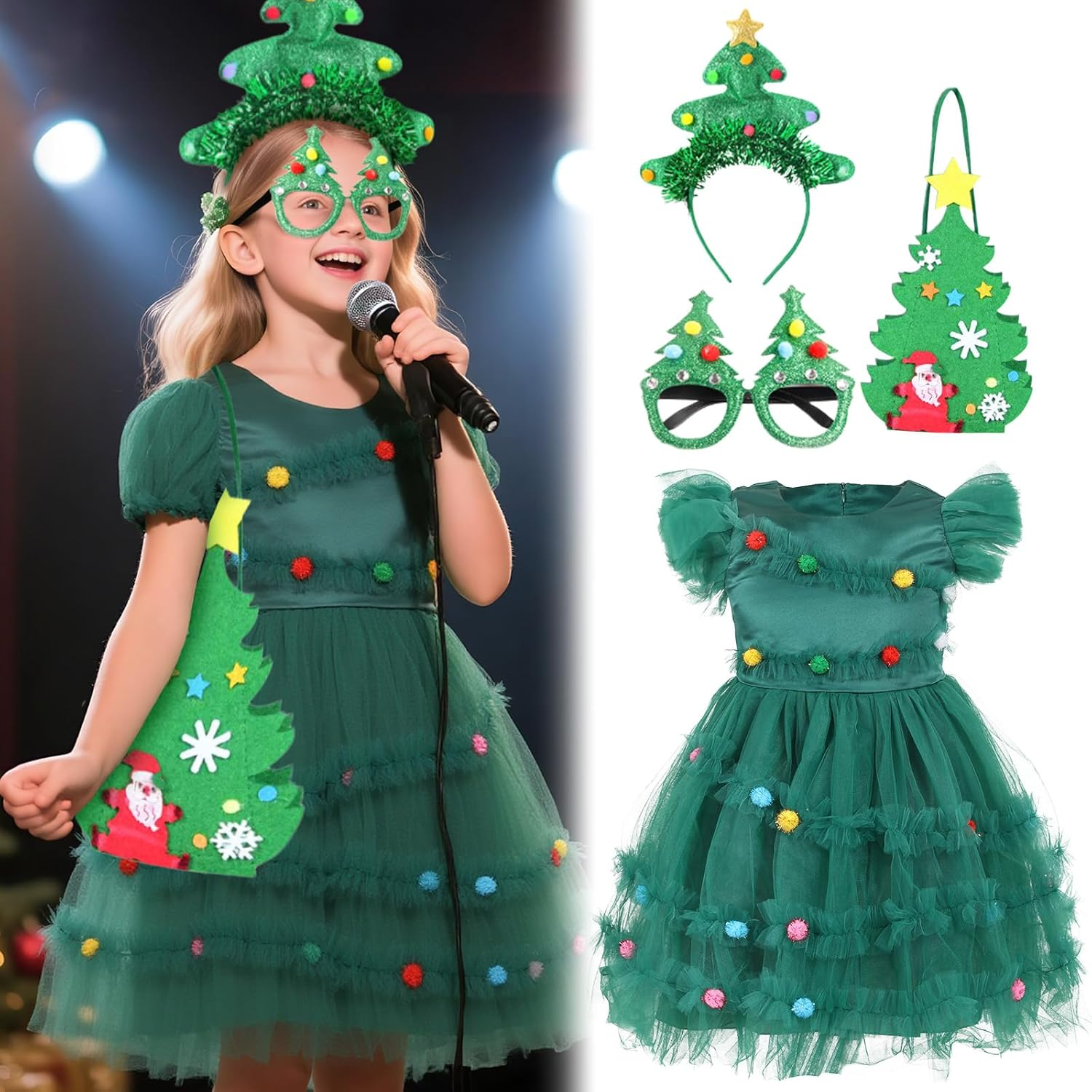 Girls' Christmas Tree Dress Costume Set with Accessories - 3PCS - Size XL