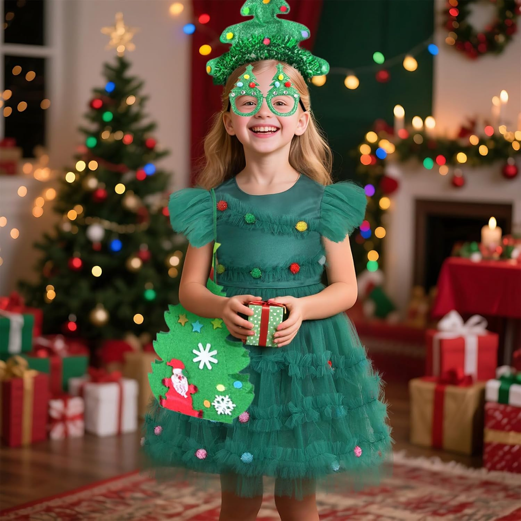 Girls' Christmas Tree Dress Costume Set with Accessories - 3PCS - Size XL