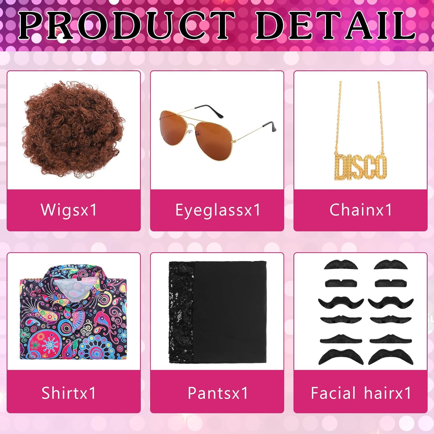 Men's 70s Disco Costume Set with Flared Pants, Shirt, M and L size