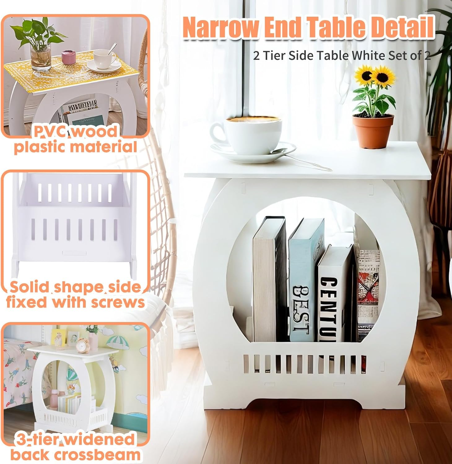 2-Tier White End Table with Storage Basket for Home and Office