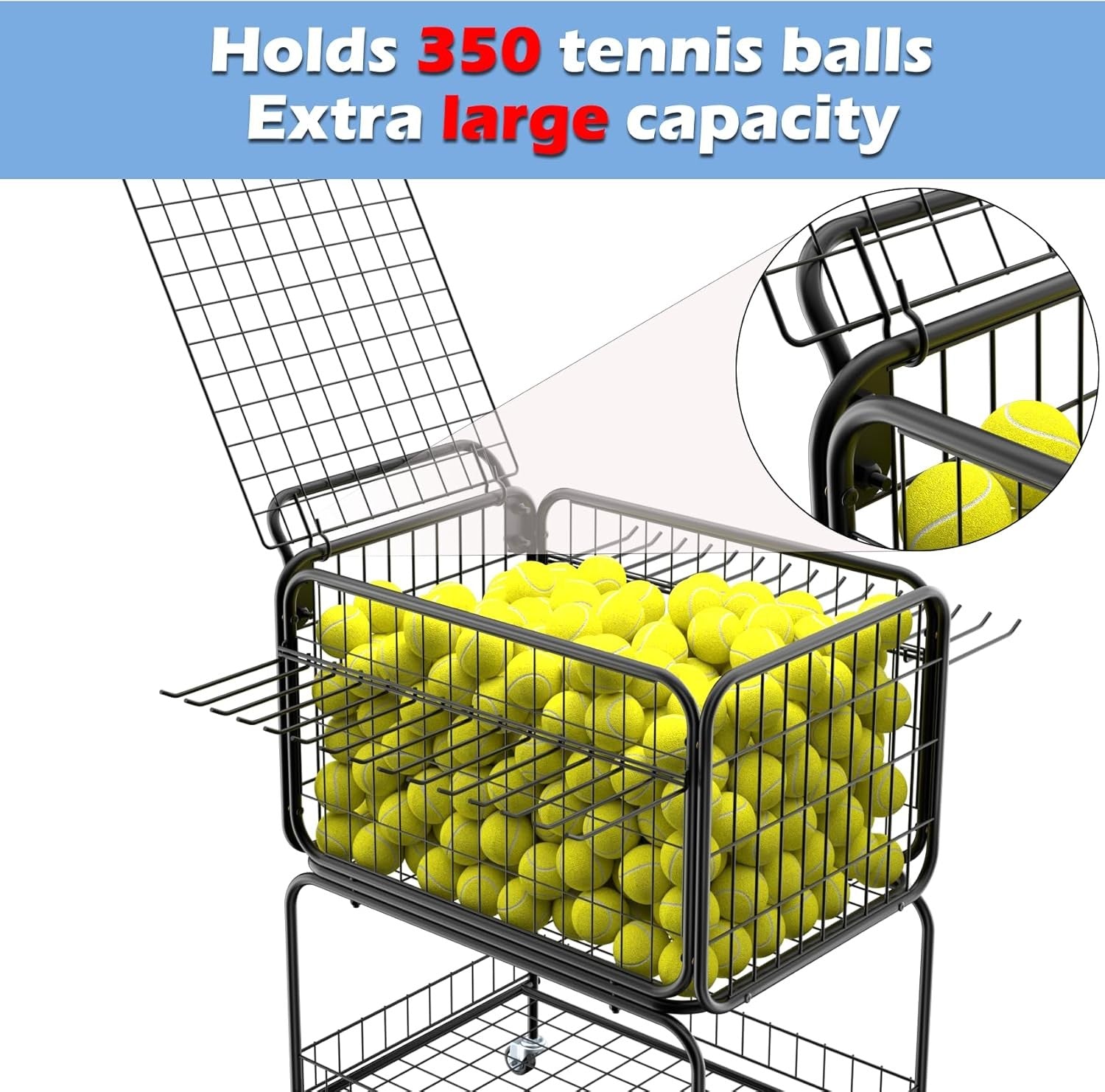 Tennis Ball Cart with Wheels, Holds 350 Balls, Racket Holder & Utility Trolley